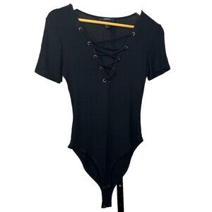 Forever 21 Top Short Sleeve Bodysuit Lace Up Deep V Black‎ Medium Festival Retro